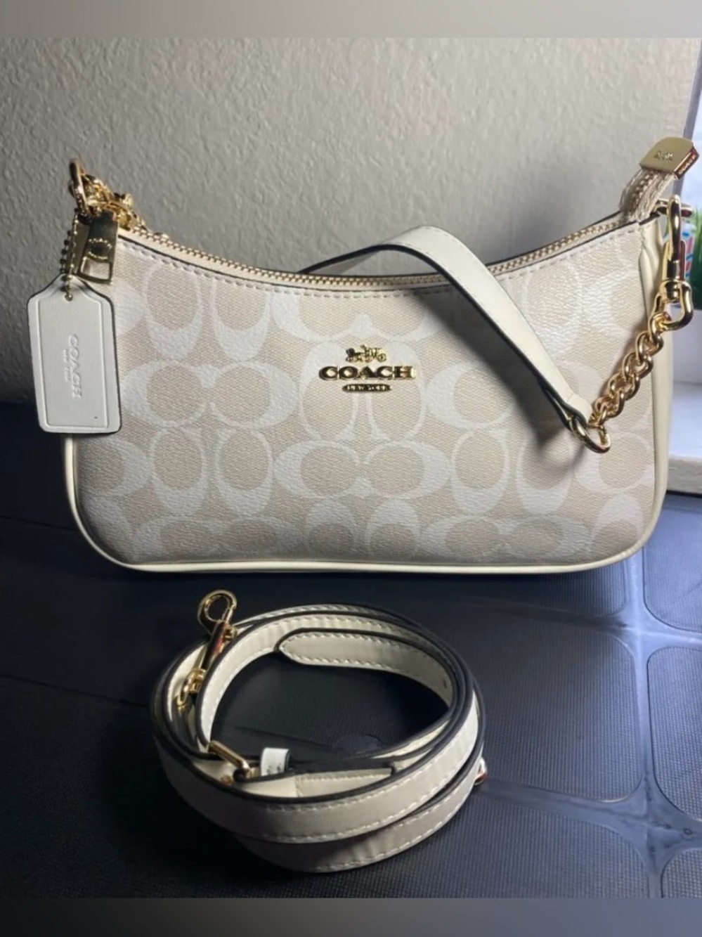 White Coach Teri Canvas Shoulder Bag with Gold Hardware